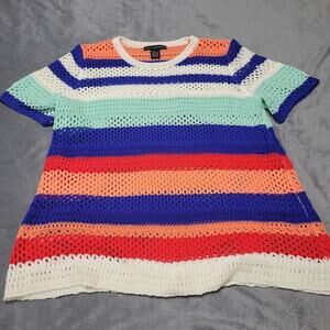 Grace Elements Womens Large Blue Stripe Open Knit Top Short Sleeve‎ Neck Stretch